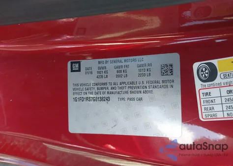 2016 Chevrolet Camaro 2Lt from USA, damaged, VIN 1G1FD1RS7G0138243